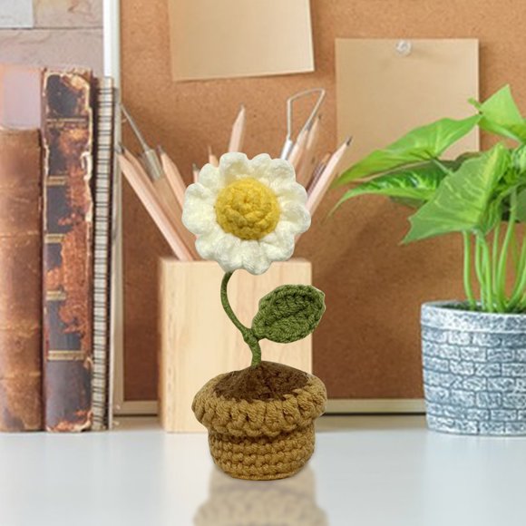 Flor en maceta tejida a mano a crochet | Rosa de lana artificial | Flor decorativa simulada para oficina, hogar, salpicadero del coche o estante interior