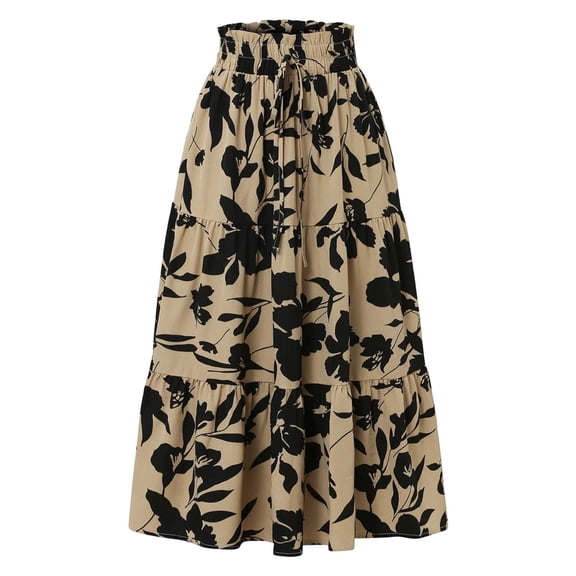 Women's Flowy Elastic High Waist Skirts Trendy Summer 2026 Boho Casual Beach Holiday Floral Print A Line Midi Skirt