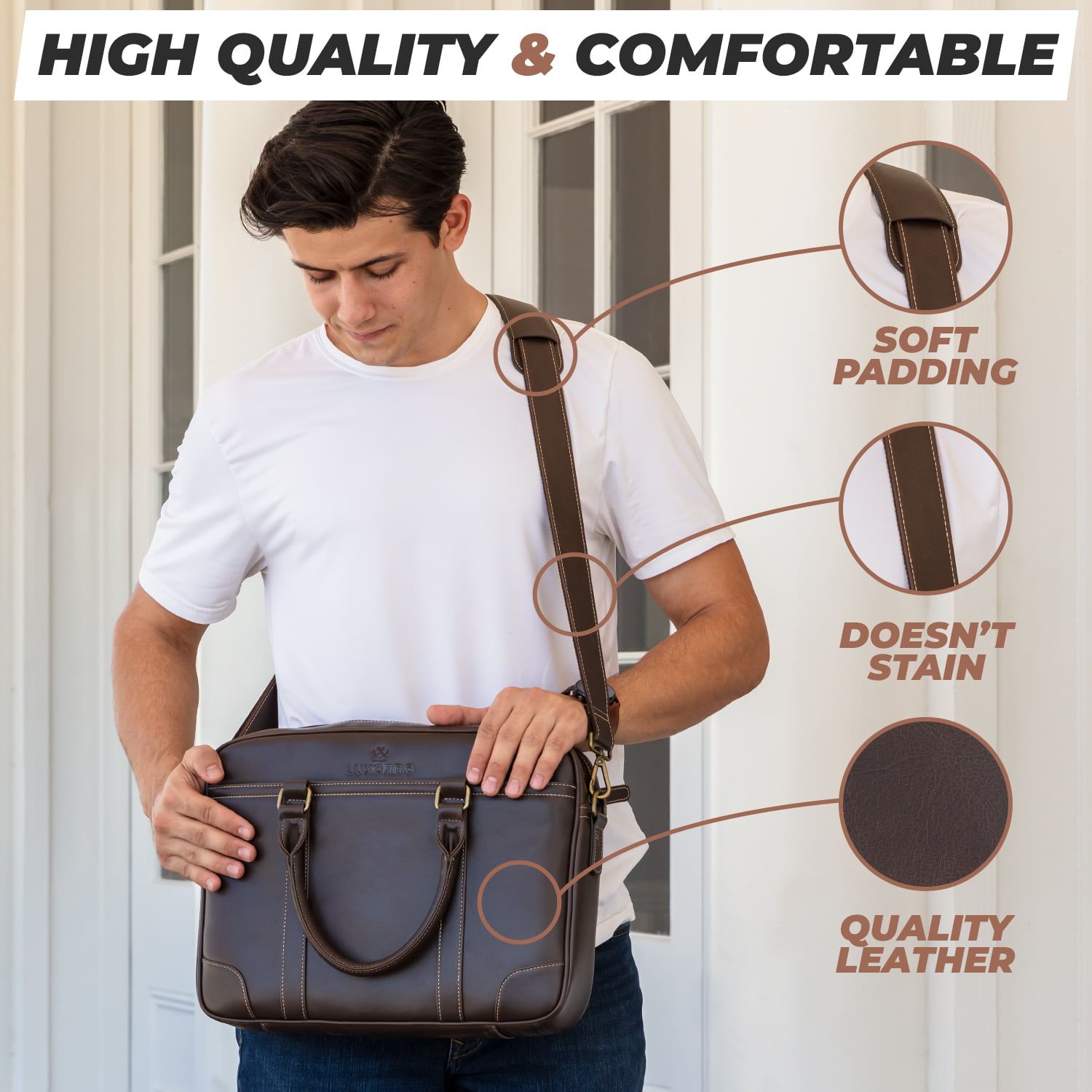 Messenger Bag For Men W/hand Stitching| Lasts A Lifetime Fits 14-inch Laptop Luxorro Laptop Bag For Men |Soft Computer Bags W/Unique Wire Hooking System Included Light Brown