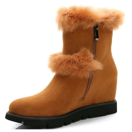 

Ferwind Women s Fur Trim Low Wedge Heel Winter Ankle Boots Tan 8