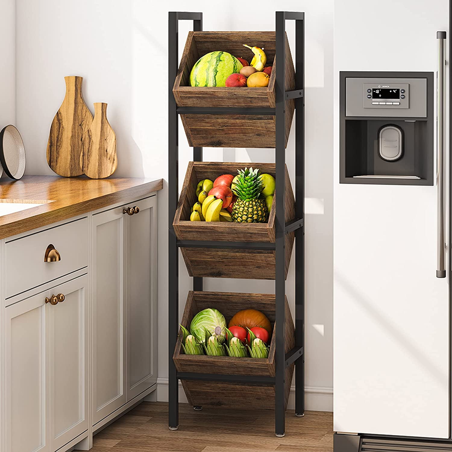 Tribesigns 3 Tier Wood Shelving Unit with Baskets, Rustic Vertical Standing Basket Storage for Kitchen Bathroom, Rustic Brown