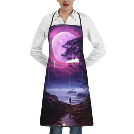 

Pofeuu Purple Moon Tree Night Sky Print Aprons with Pockets Cute Aprons for Kitchen Cooking Server Barber Chef Apron