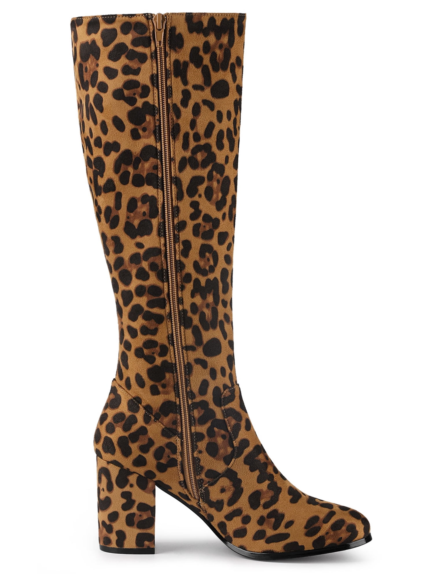 DARING DIVA Women's Stylish Side Zipper Chunky Heel Knee High Boots Leopard 8.5