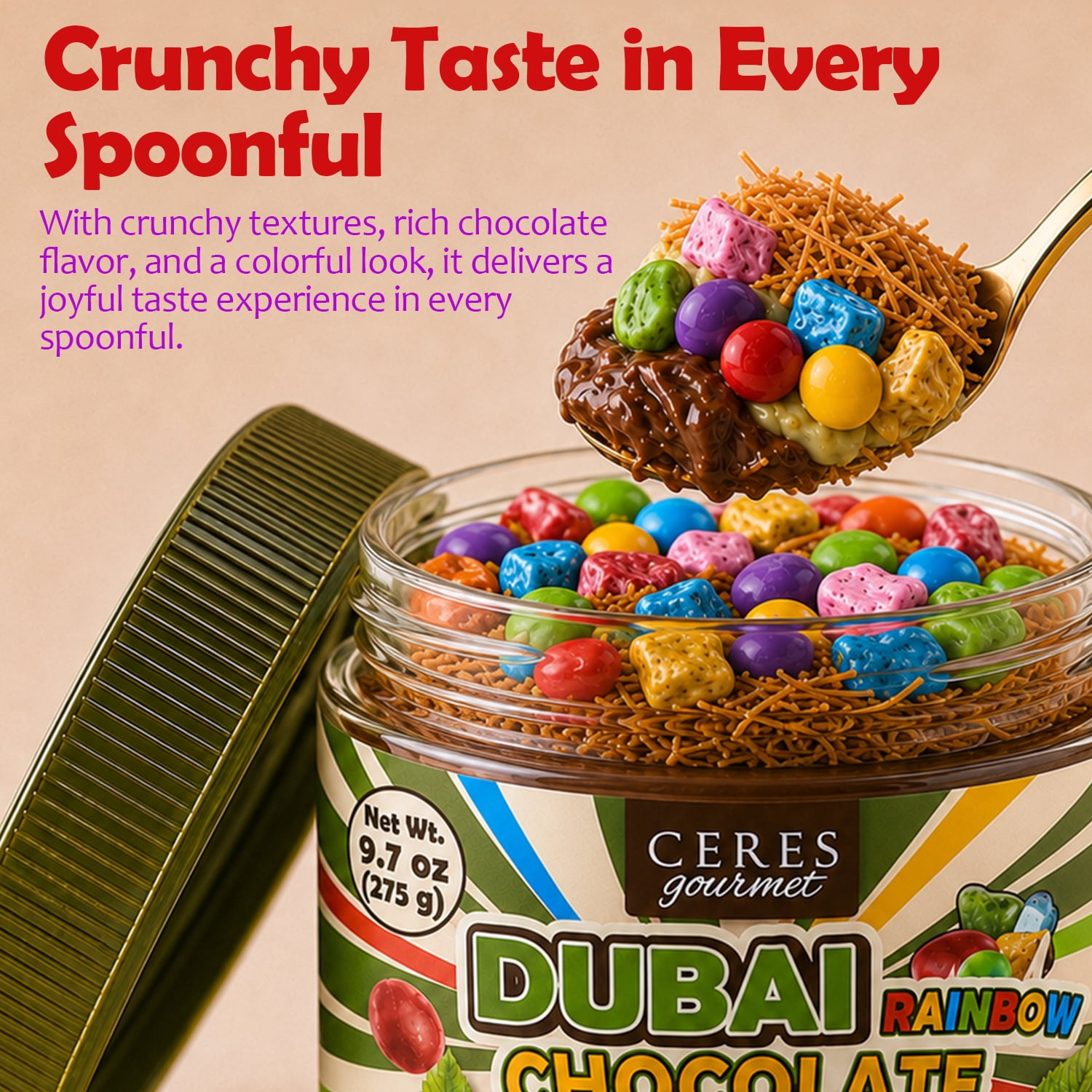 Ceres Gourmet Dubai Chocolate Spread with Candy-Coated Chocolate Pieces & Chocolate Pebbles | Pistachio Cream & Crispy Kataifi Phyllo | Belgian Chocolate | Gourmet Dessert & Breakfast Spread | 9.7 oz