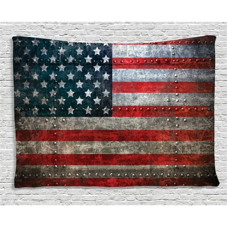 American Flag Decor Tapestry, Royalty Flag Textured US Backdrop on Damaged Metallic Board Plate Design, Wall Hanging for Bedroom Living Room Dorm Decor, 80W X 60L Inches, Red Blue, by (Best Dorm Rooms In The Us)
