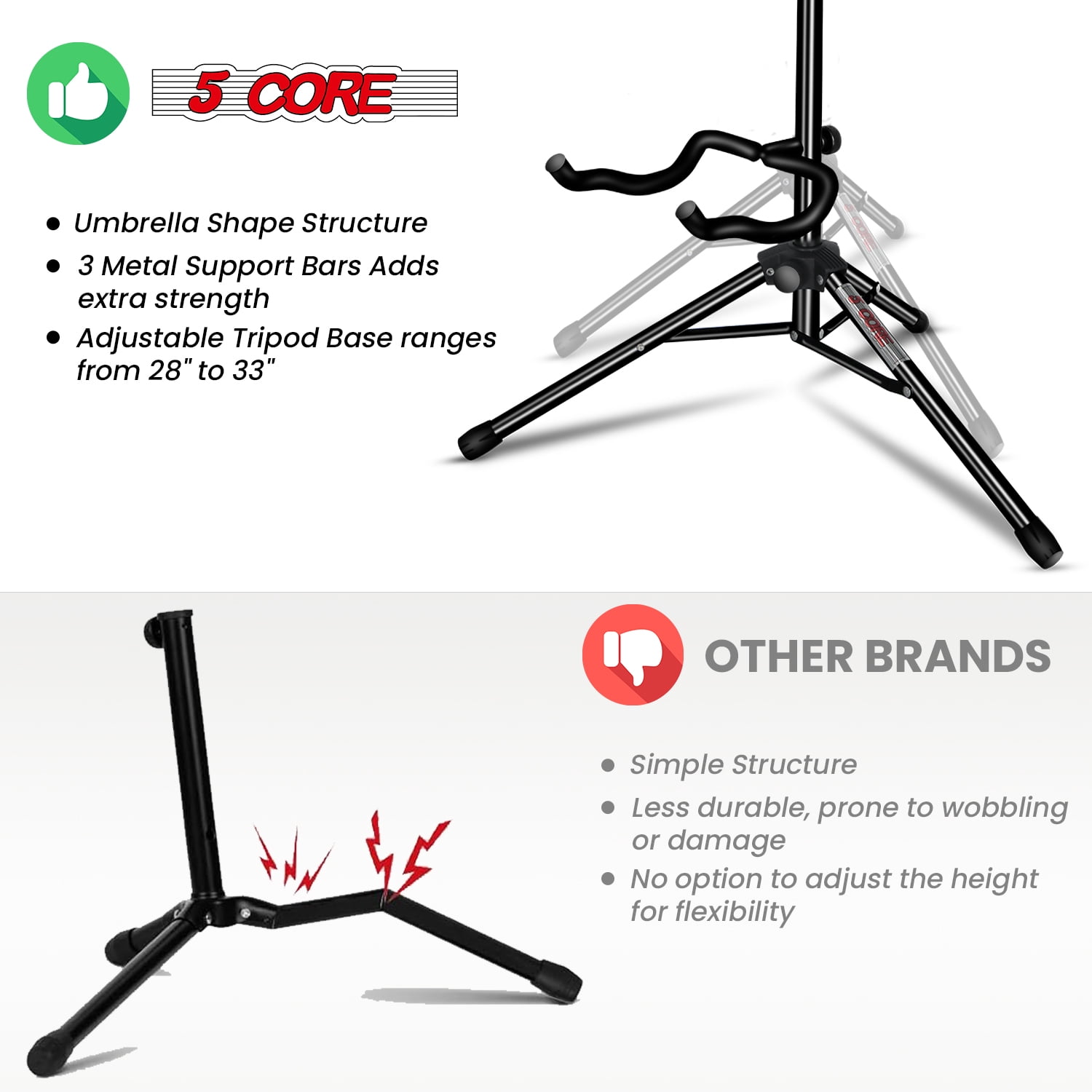 5Core Guitar Stand Floor Adjustable Heavy Duty Folding Metal Black for Acoustic Electric Bass Guitars 2 Pack