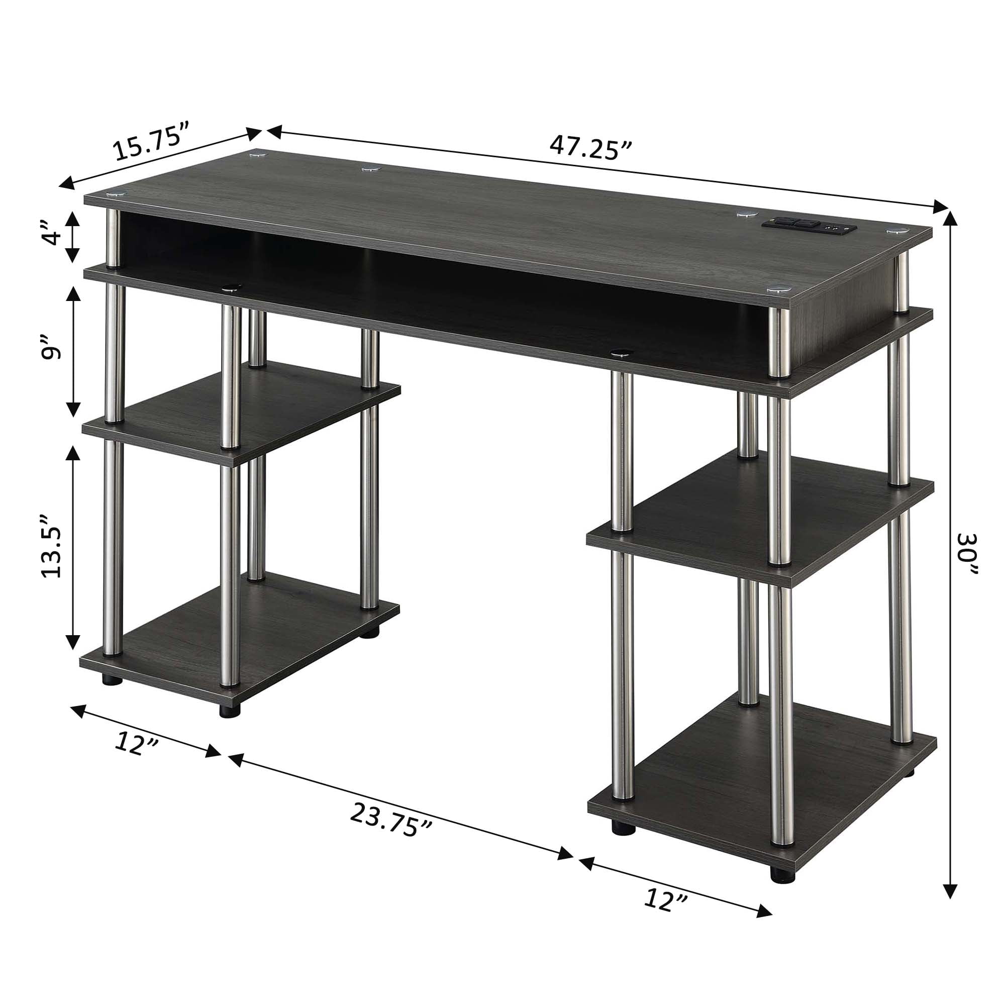 Designs2Go 30 inches Tall No Tools Student Desk with Charging Station and Shelves, Charcoal Gray