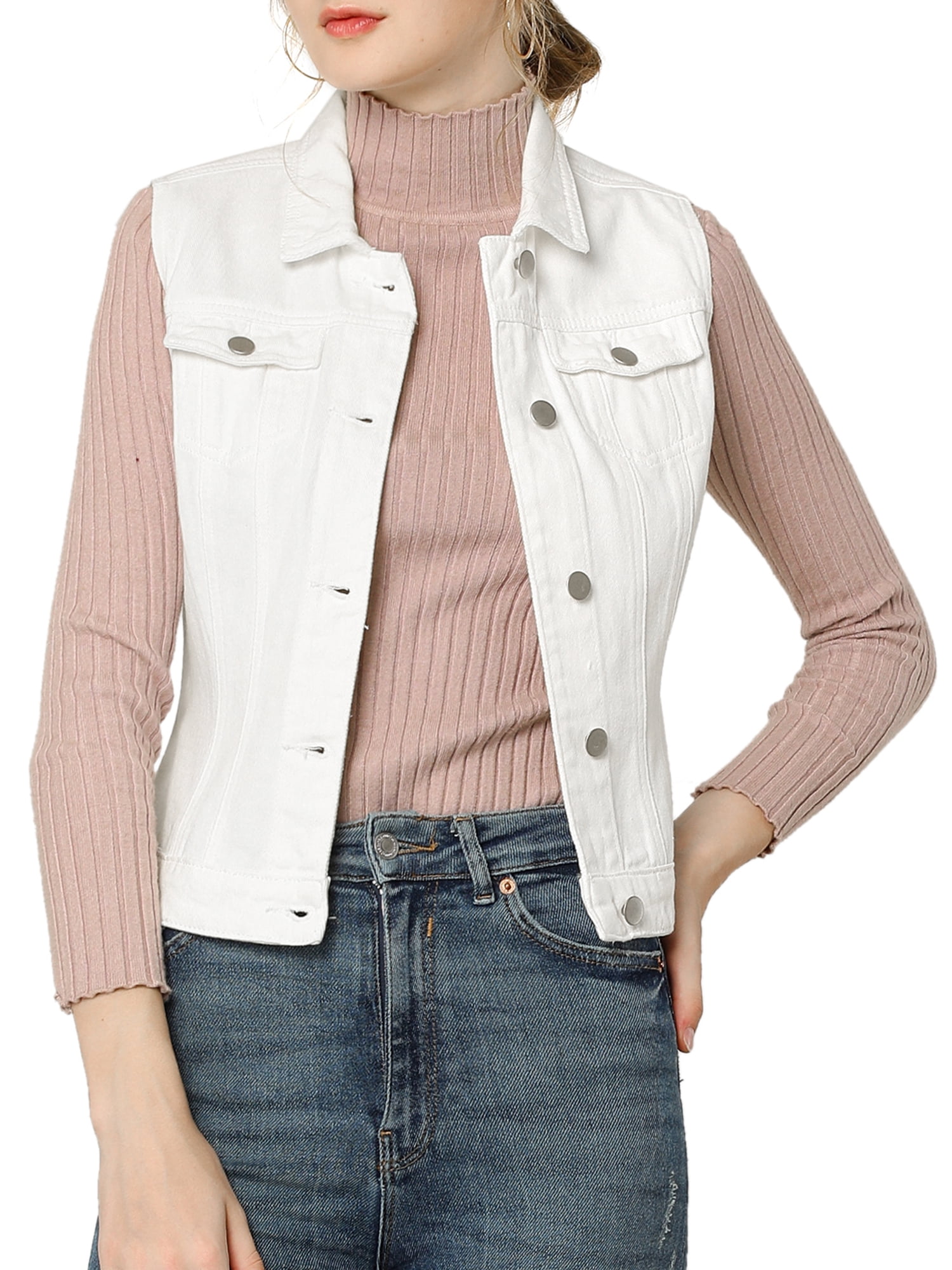 DARING DIVA Women's Denim Sleeveless Flap Pockets Vest Jacket L White