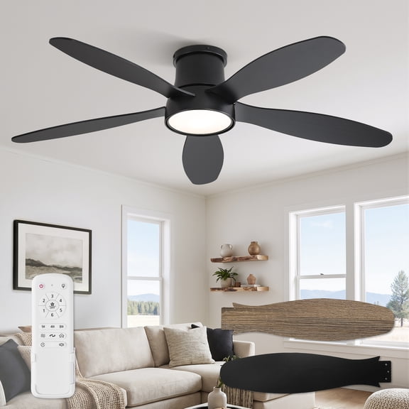 Lokivas 52in Ceiling Fans with Light and Remote Control, Modern Flush Mount Ceiling Fans with Reversible 6 Speeds for Living Room, Bedroom, Black