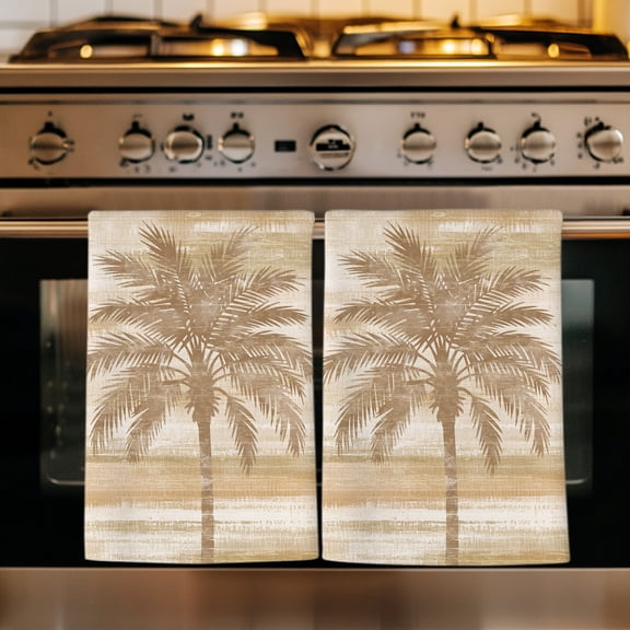 Brown Coastal Palm Tree Kitchen Towels Set of 4, Vintage Summer Tropical Botanical Absorbent Dish Towels for Kitchen, Microfiber Hand Towel, Quick Drying Tea Towel for Cleaning Decorative Dishcloths