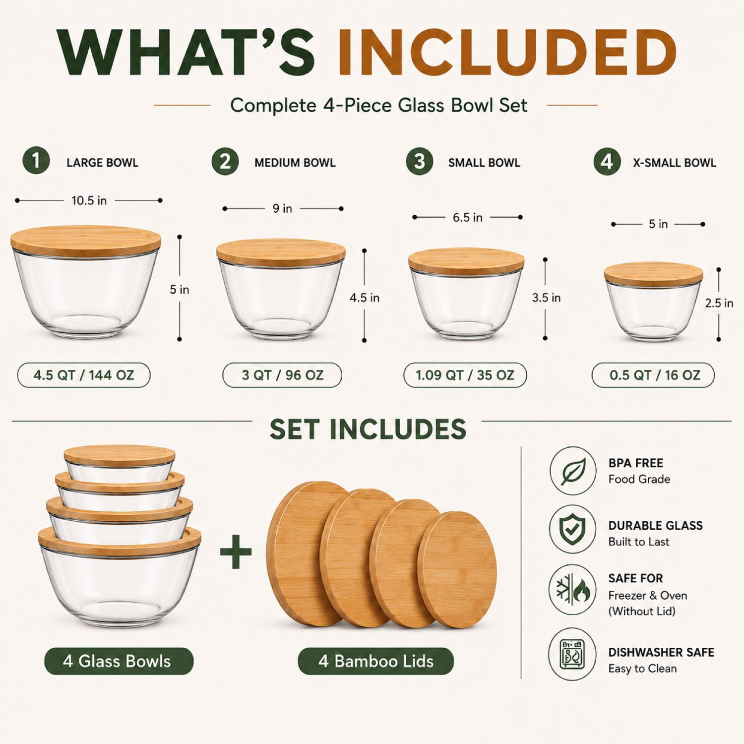 Sorbus 4-Piece Glass Mixing Bowl Set with Airtight Bamboo Lids, Assorted Sizes, Nesting Storage Bowls