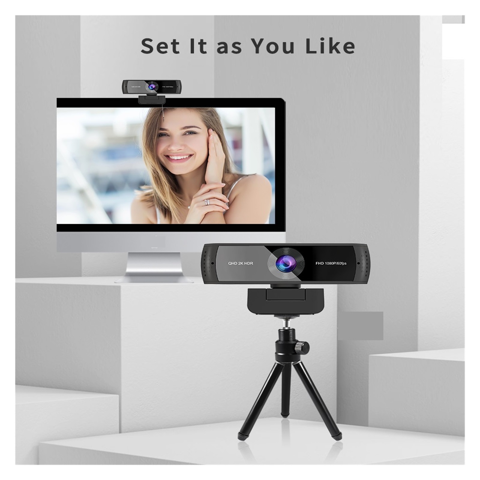 Webcam 1080P 60FPS 2K HDR Autofocus Web Camera With Dual Mics Cover Slide For Live Streaming Include Tripod ,HD Video
