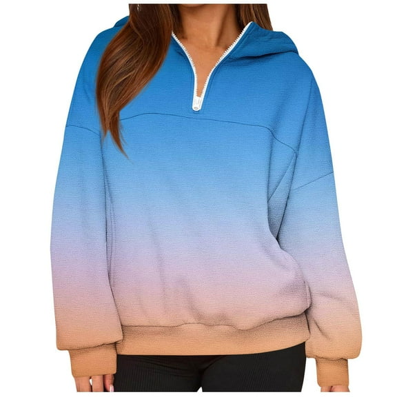 Maplenight Womens Hooded Sweatshirt Casual Quarter Zip Hoodies Gradient Color Relaxed Fit Long Sleeve Pullover Sweatshirts