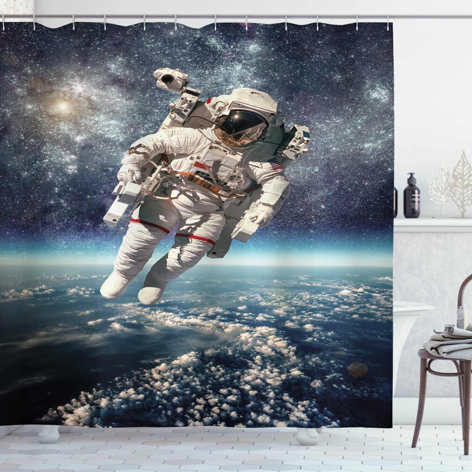 Space Astronaut Planet Shower Curtain Set Bathroom Waterproof Fabric & 12hooks 