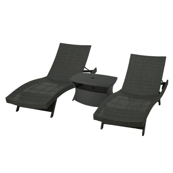 GDF Studio Steubenville Outdoor Wicker 3 Piece Armless Adjustable Chaise Lounge Chat Set, Gray