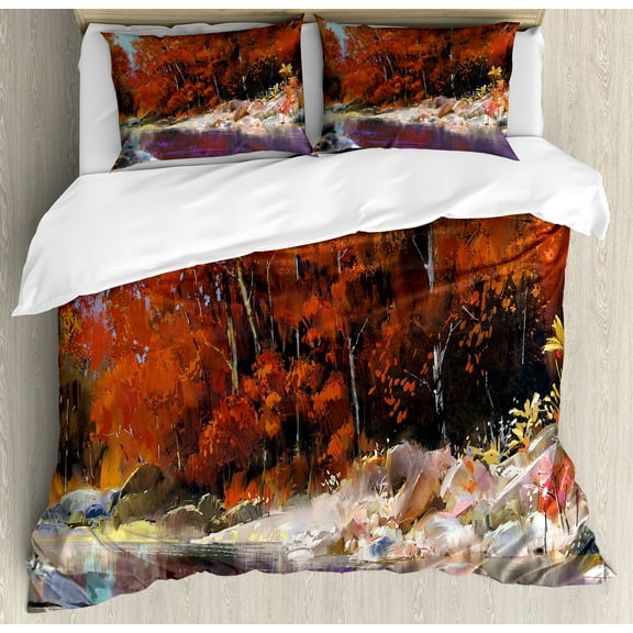 Ambesonne Nature Duvet Cover Set, Autumn Forest with Rock, King, Ginger Purple