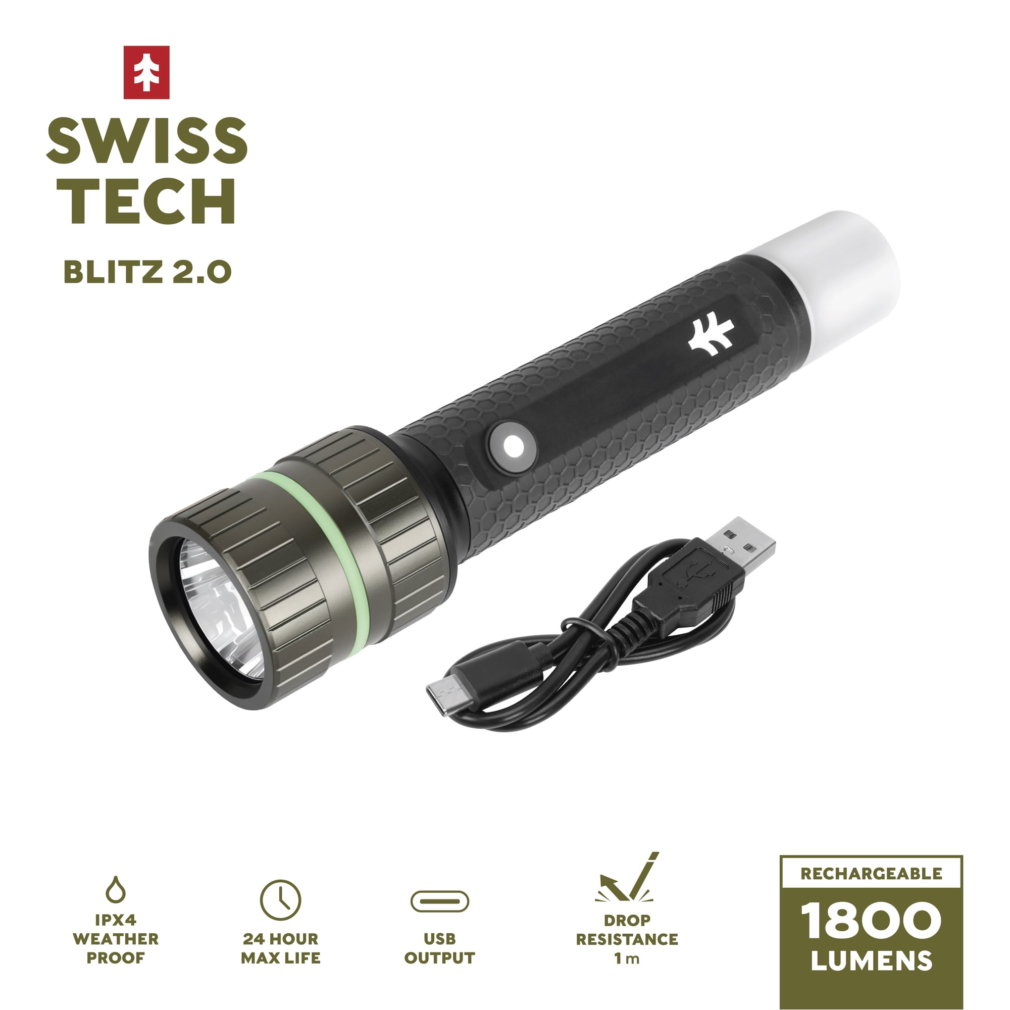 Swiss Tech Blitz 1800 Lumen LED Rechargeable Combo Flashlight, IPX4 Weatherproof, Drop Resistant, Black