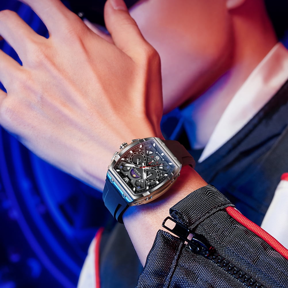 OLEVS Watches for Men Chronograph Waterproof Luxury Dress Quartz Silicon Strap Multifunction Moon Phase Calendar Luminous Men Wrist Watches Reloj Para Hombre Black/Red