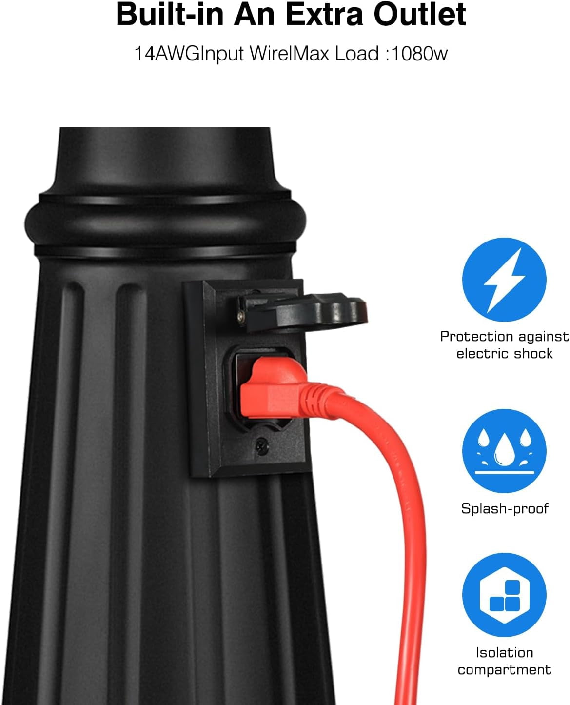 VIANIS Outdoor Lamp Post Light with Outlet 3-Head, Waterproof Outdoor Lamp Post Sconce, Anti-Rust Black Dusk to Dawn Street Light Pole for Garden, House, Doorway, Weather Resistant