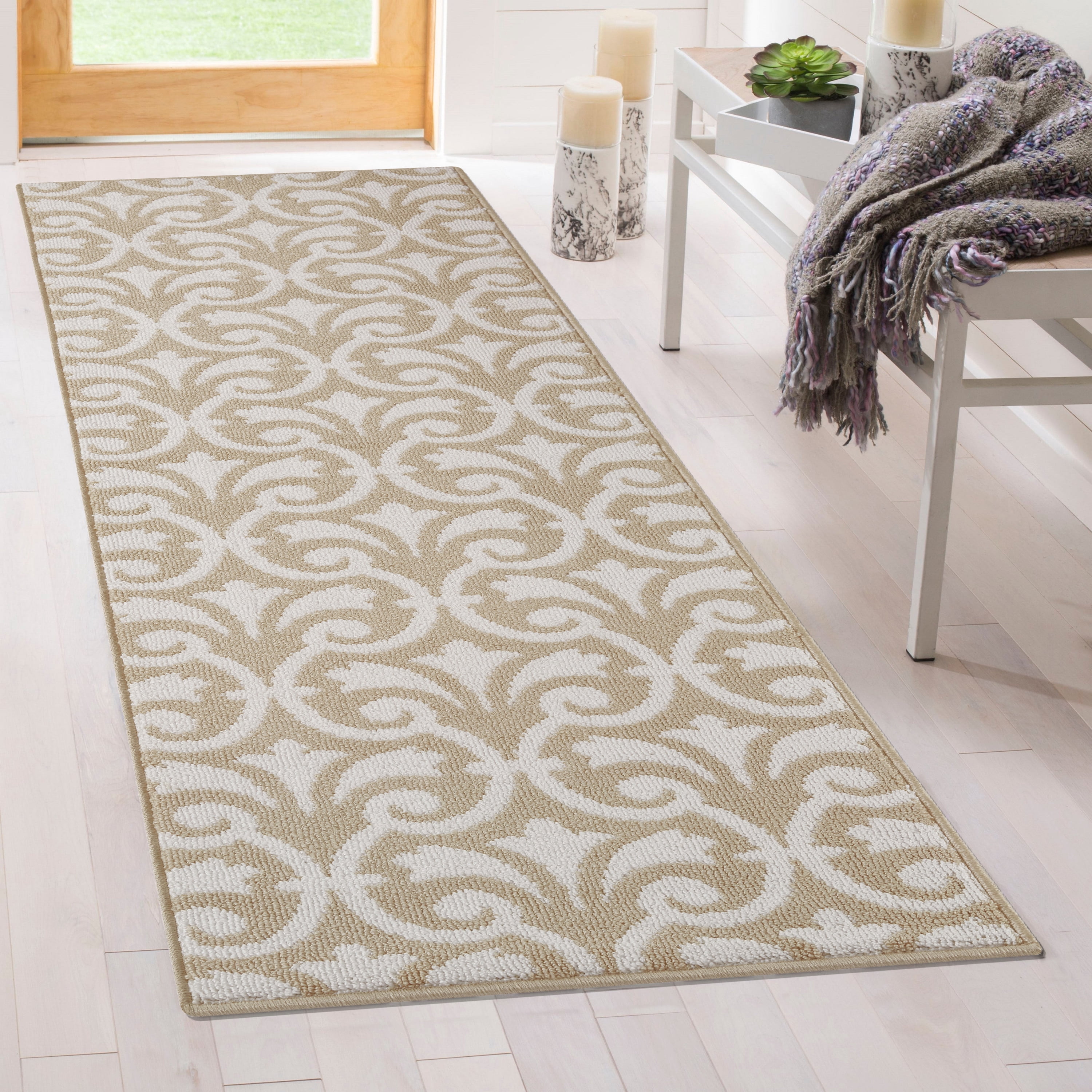 Washable Skid-Resistant Runner Rug, Floral Scroll, Beige and White, 26" x 60"