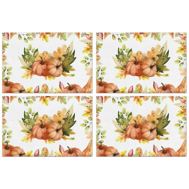 Ensemble de 4 Sets de Table en Lin Feuilles d'Érable Citrouille d'Automne Résistant à la Chaleur 12 X 18 Pouces pour Table à Manger Cuisine