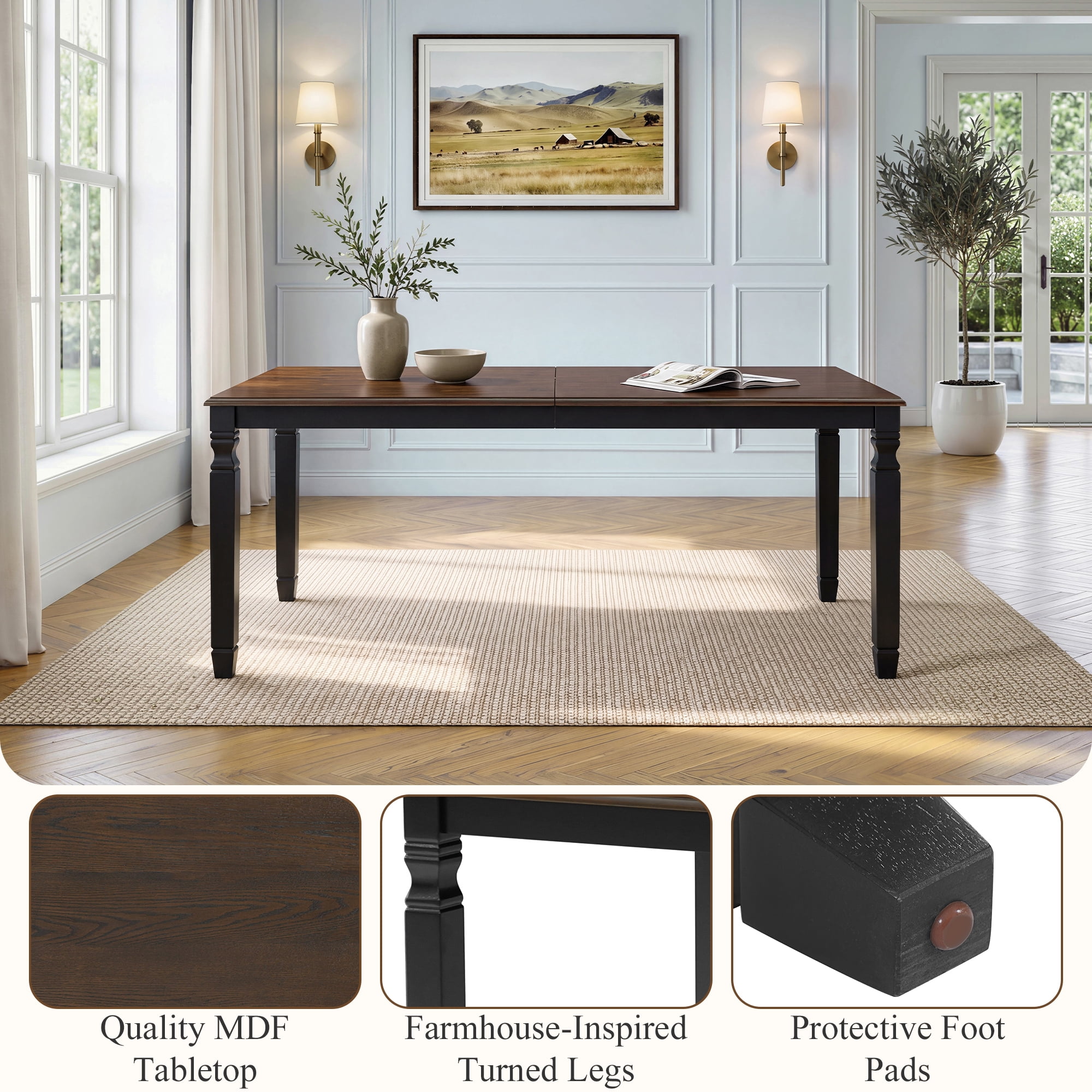 Euroco 6-Piece Dining Table Set for 6, Extendable Kitchen Table Set with 4 Upholstered Chairs and 1 Bench,Farmhouse Dining Set for Small Space, Easy Assembly,Espresso+Black