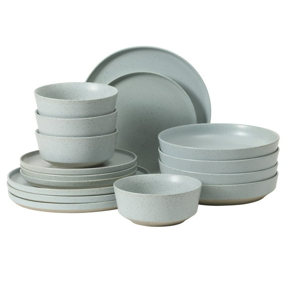 Gibson Elite Overbrook 16-Piece Pottery Clay Stoneware Dinnerware Set – Light Blue Reactive Glaze, Stackable Plates and Bowls w/ Pasta Bowl, Service for 4 – Microwave & Dishwasher Safe