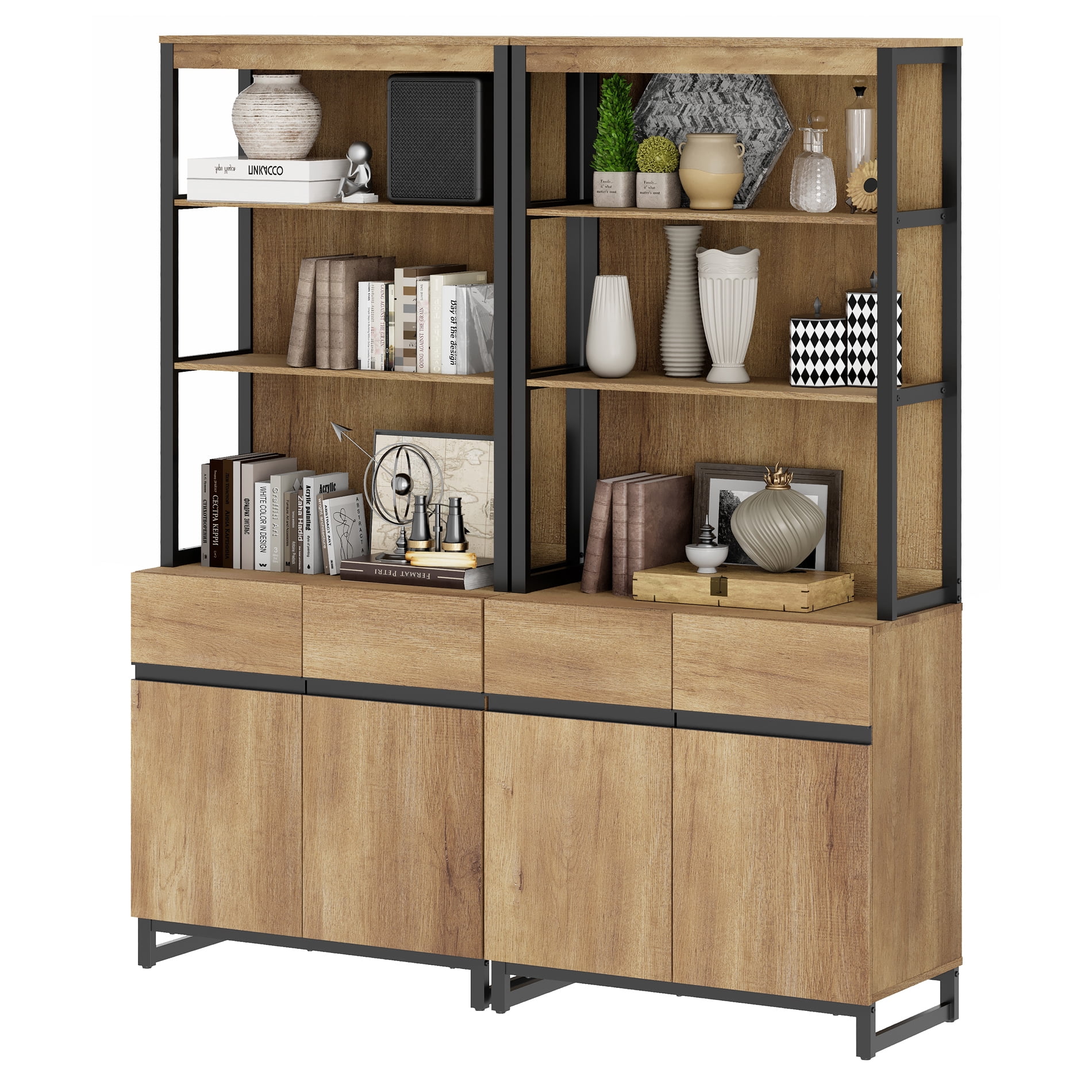 2 PCS Modern 72 Inch Tall Bookcases with Metal Base, Freestanding Library Book Shelf Set with Adjustable Shelves, Closed Storage Cabinet and Open Shelves for Home Office, Living Room