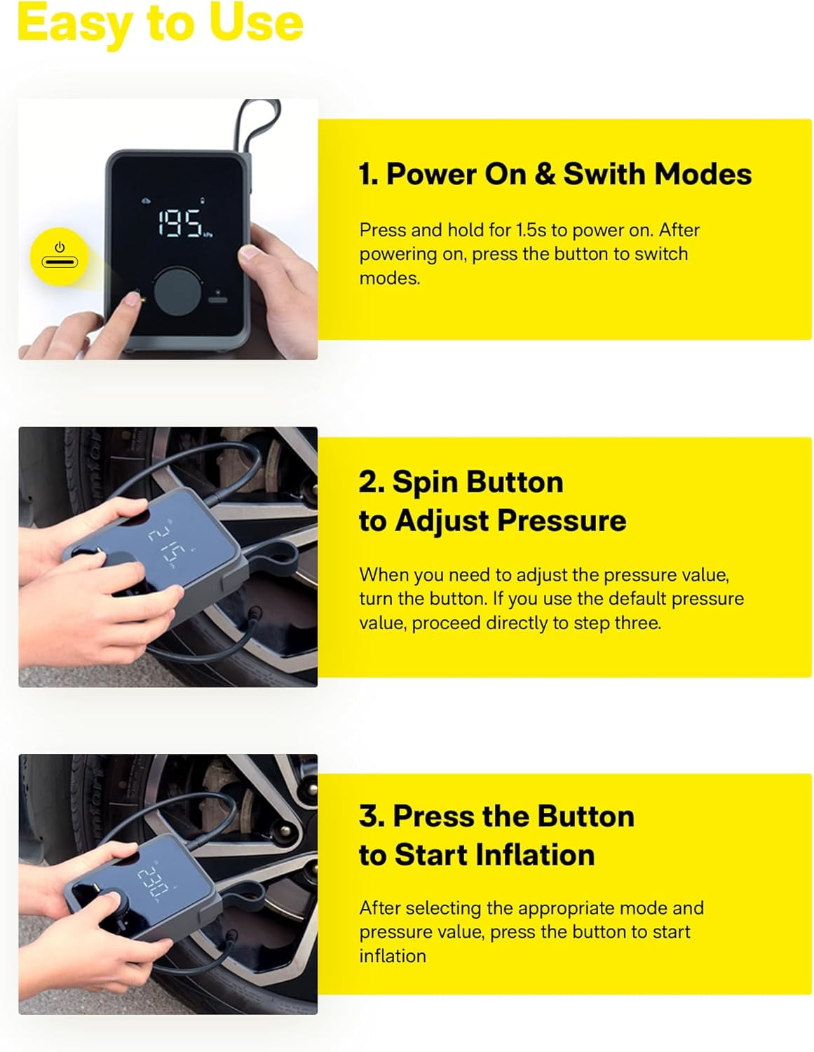 HOTO Portable Electric 120PSI Tire Inflator with 12V Motor, Cordless Air Compressor with Digital Display for Car and Bike