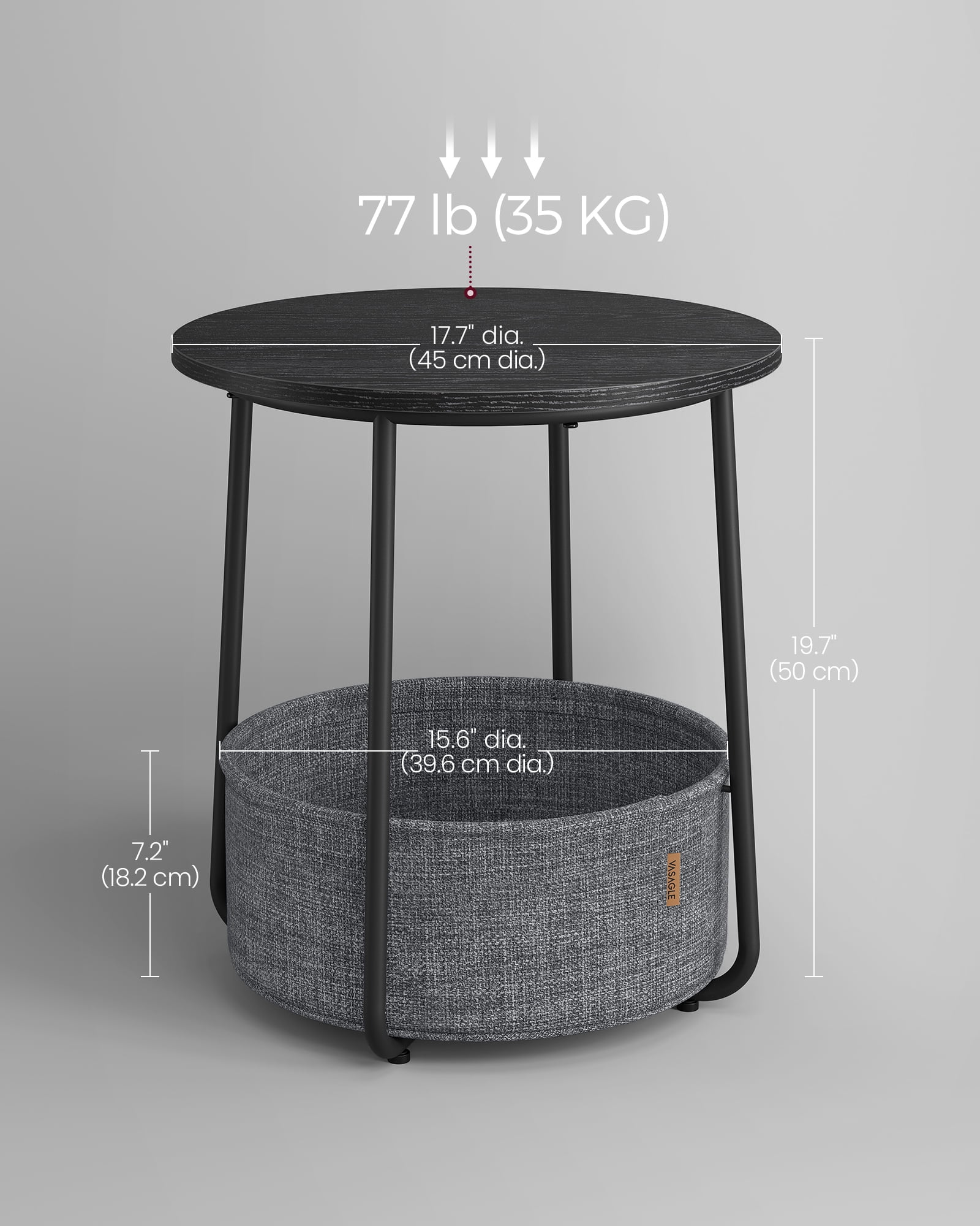 Round End Side Table with Fabric Storage Basket Bedside Table Nightstand for Living Room Bedroom Ebony Black and Slate Gray