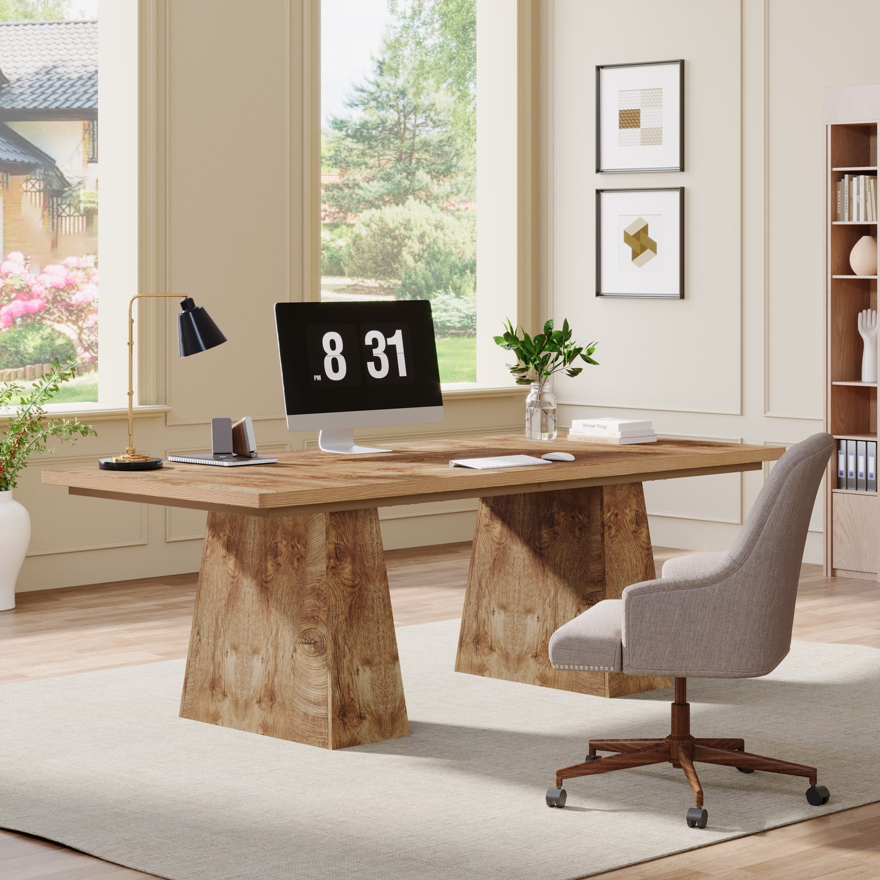Tribesigns 63" Executive Desk, Modern Office Computer Desk with Double Pedestal, Large Simple Workstations Writing Table Conference Table, Natural