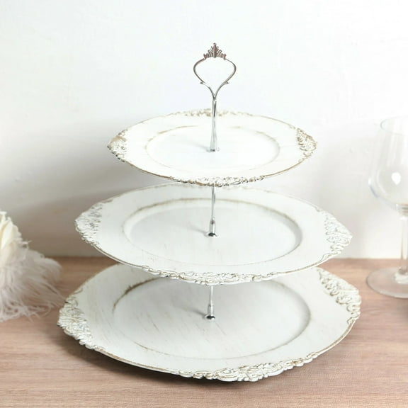 Balsa Circle Whitewashed 3 Tier 13 in Plastic Round Cupcake Stand with Baroque Rim and Top Handle Graduation Birthday Party Wedding Reception Event Decorations