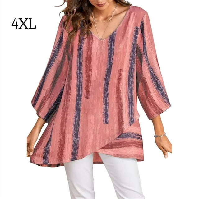 T-shirt Femme Manches Longues Ample Blouse Automne Col en V Rayé, Rouge, 4TG