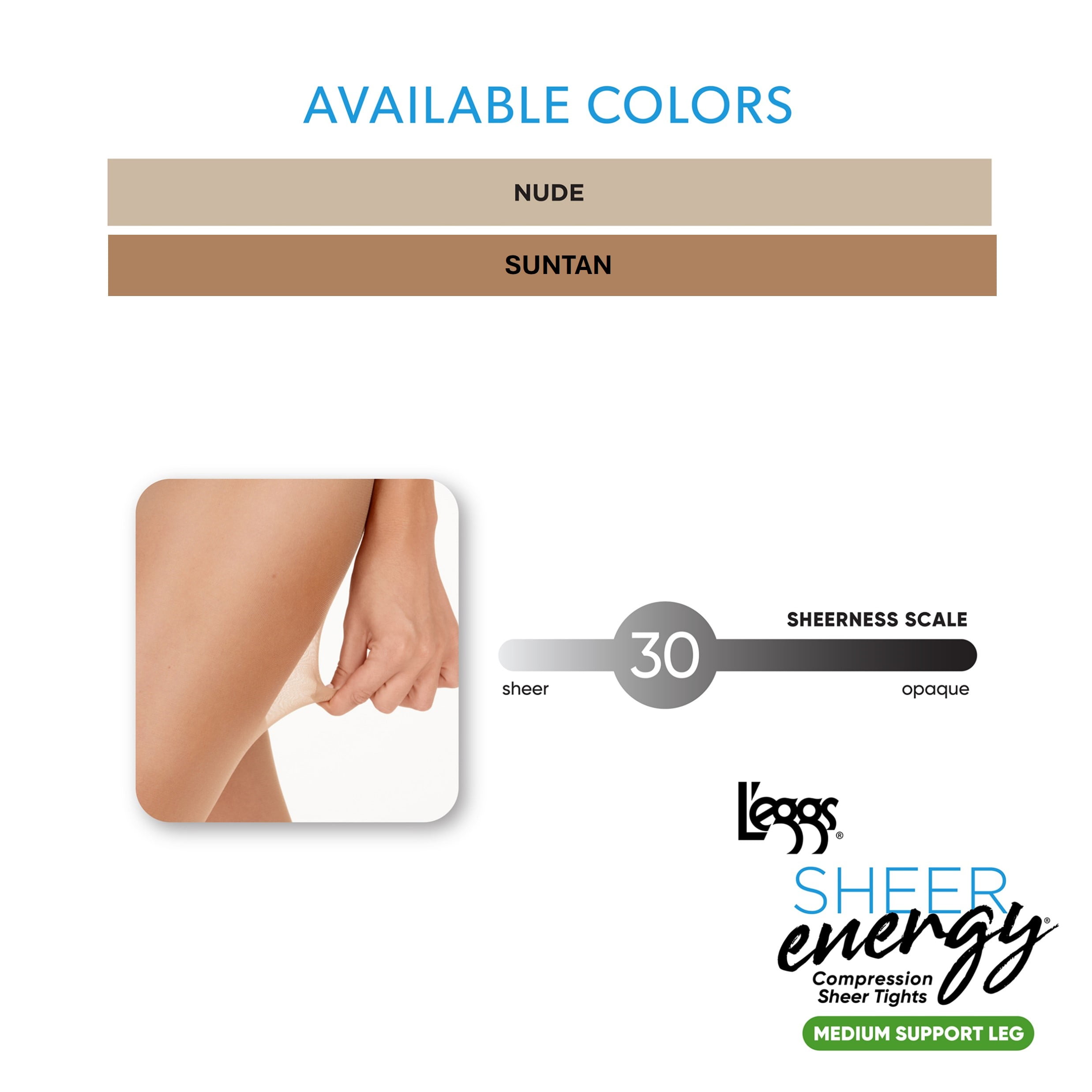 L'eggs Women's Sheer Energy Medium Leg Support Control Top Sheer Tights Sheer Toe, 2 Pair
