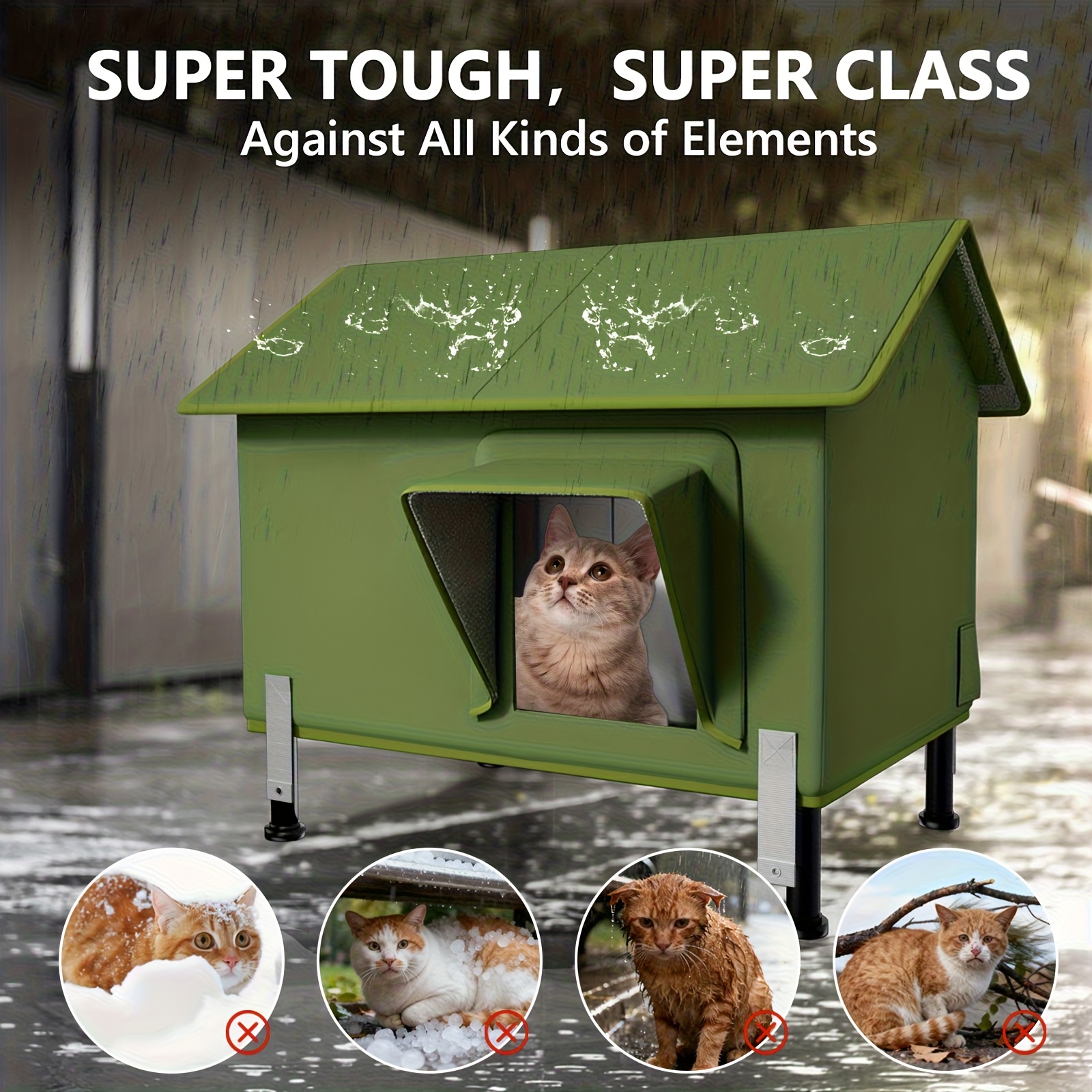 Heated Cat House for Iron pipe style, Extremely Insulated Outdoor Cat House Escape Door, Awning, Elevated Feral Animal Shelter for Winter