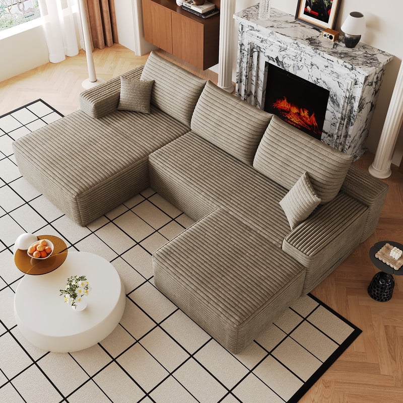 107" Cloud Sectional Sofa with Ottoman, U-Shaped Modular Couch with Deep Seats, Modern Minimalist Upholstered Sofa with Chaise, Plush Corduroy Living Room Sofa, No Assembly Required