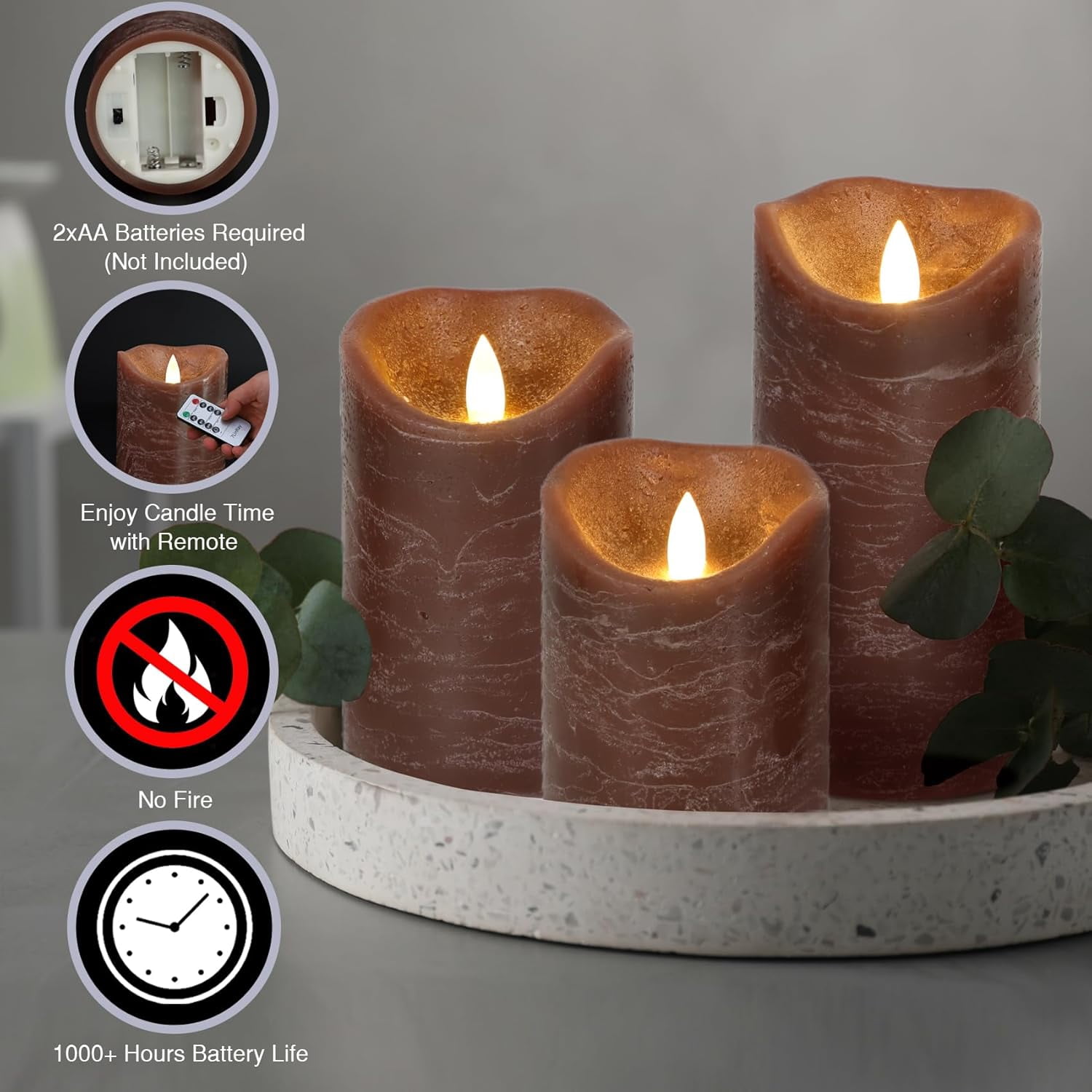 Brown Flameless Candles with Remote, Real Wax Battery Operated LED Candles, Flickering Flameless Pillar Candles for Wedding, Festival, Set of 3