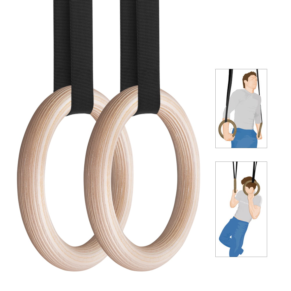 Olympic Rings 28mm Pair of Wooden Gymnastic Rings With Adjustable Straps, 
