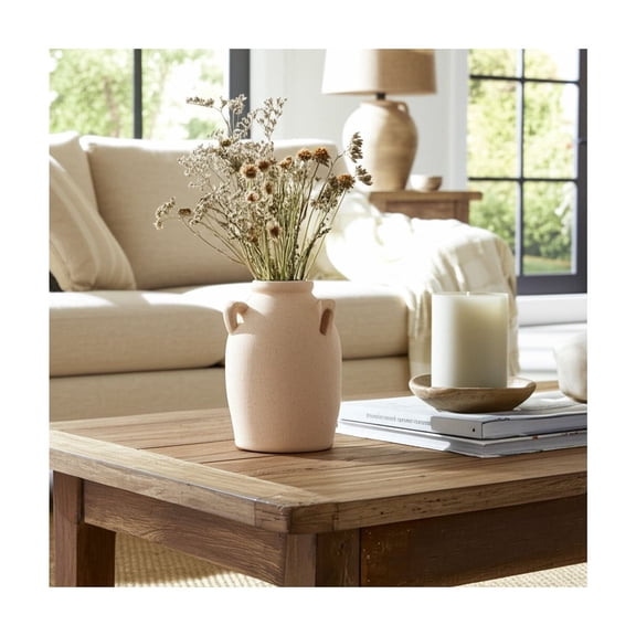 Stoneware Ceramic Vase with Handles - Decorative Flower Holder - Textured Rustic Home Decor - Handmade Pottery - for Living Room, Bedroom, Office - 6" Ivory & Tan