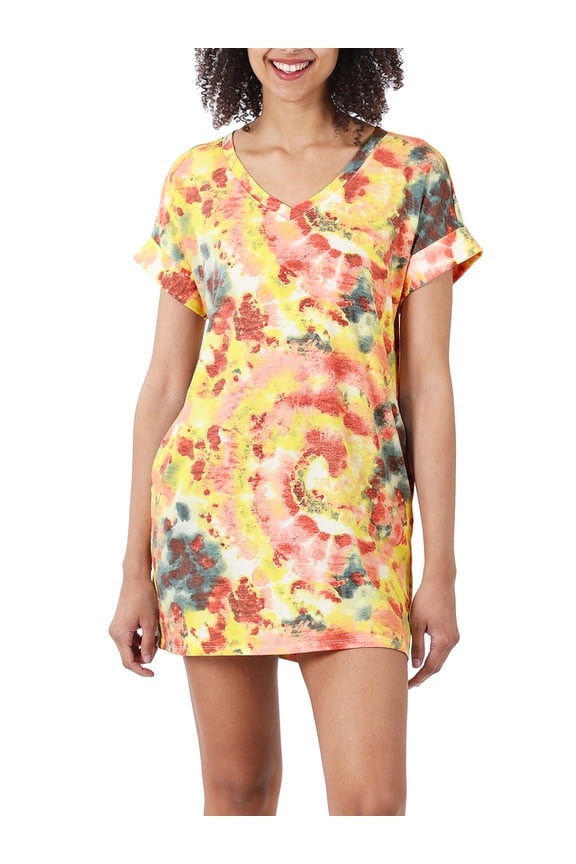 Womens Tie Dye Short Sleeve V-Neck Tunic Top with pockets
