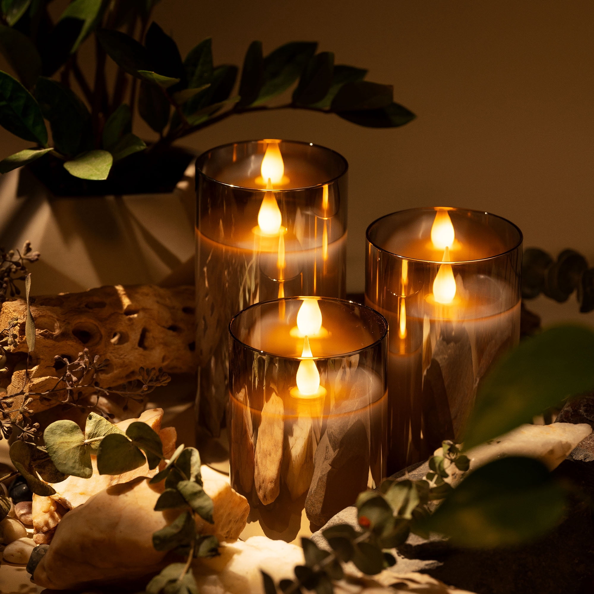 LED METALLIC MIRRORED GLASS FLICKERING FLAMELESS CANDLES - SET OF 3 (4" 5" 6") WITH REMOTE CONTROL