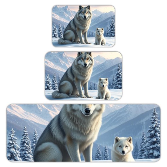 RKSupls Kitchen Rug Set 3 Piece Anti-Slip Flannel Floor Mats, Wolf Pup Snowy Washable Absorbent Runner Mats for Kitchen Bathroom Home Decor