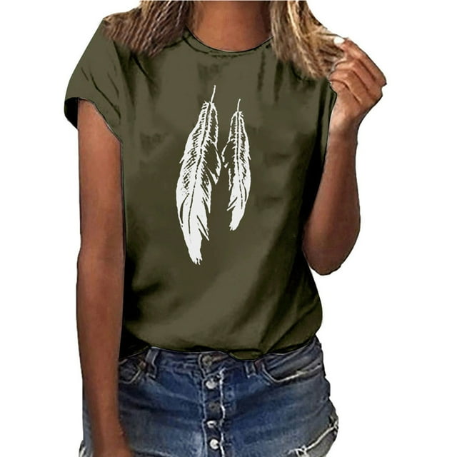 LSLJS T-Shirt à Imprimé Plume pour Femmes Manches Courtes Col Rond Décontracté
