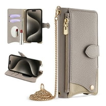 Women Girls Crossbody Strap Flip Wallet Zipper Phone Case Cover for Samsung Galaxy A25 5G, with Card Holder Kickstand PU Leather Shoulder Chain Make-up Mirror for Galaxy A25 5G, Gray