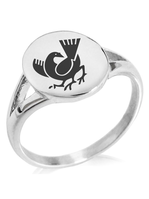 Stainless Steel Yata Crow Kamon Crest Minimalist Oval Top Polished Statement Signet Ring
