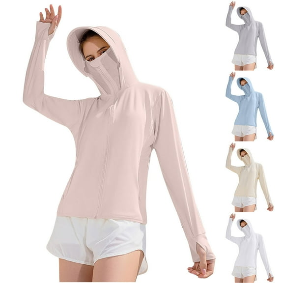 UVEASISHA Solid Sun Protection Hoodie for Women Full Zip UV Hoodie with Mask Long Sleeve Comfy Biking Jackets Blue L