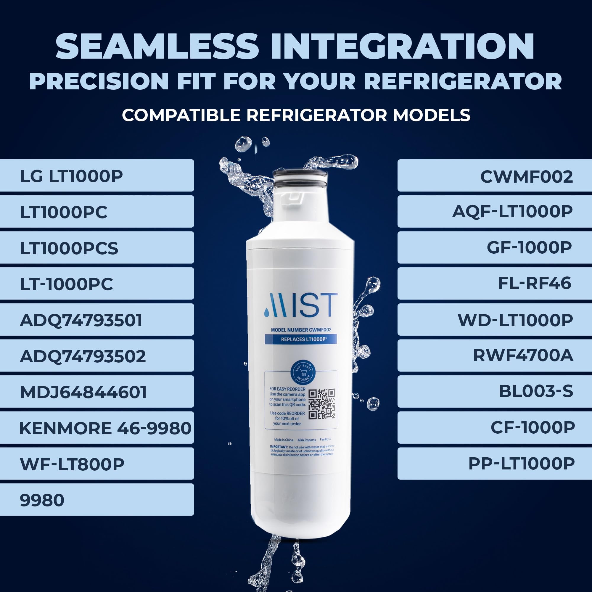 Mist Refrigerator Water Filter, Compatible with LG LT1000P, ADQ747935, MDJ64844601, LMXS28626D, Kenmore 46-9980, 469981, 3-Pack