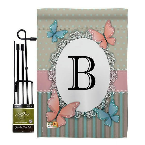 Breeze Decor BD-BG-GS-130132-IP-BO-D-US14-BD 13 x 18.5 in. Butterflies B Initial Garden Friends Bugs & Frogs Impressions Decorative Vertical Double Sided Flag Set with Banner Pole