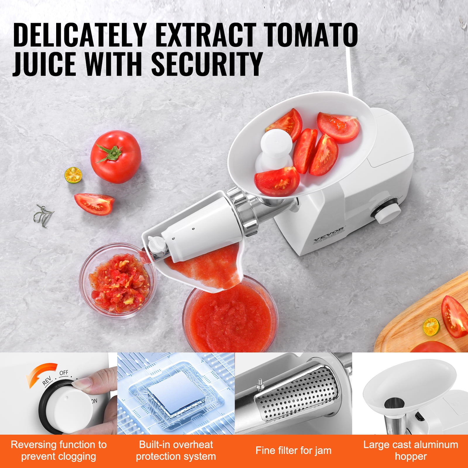 VEVOR Electric Tomato Strainer, 300W Tomato Sauce Maker Machine, 4 LBS/Min Food Strainer and Sauce Maker, Pure Copper Motor Food Mill with Reverse Function for Tomato Strawberry Blueberry Sauce