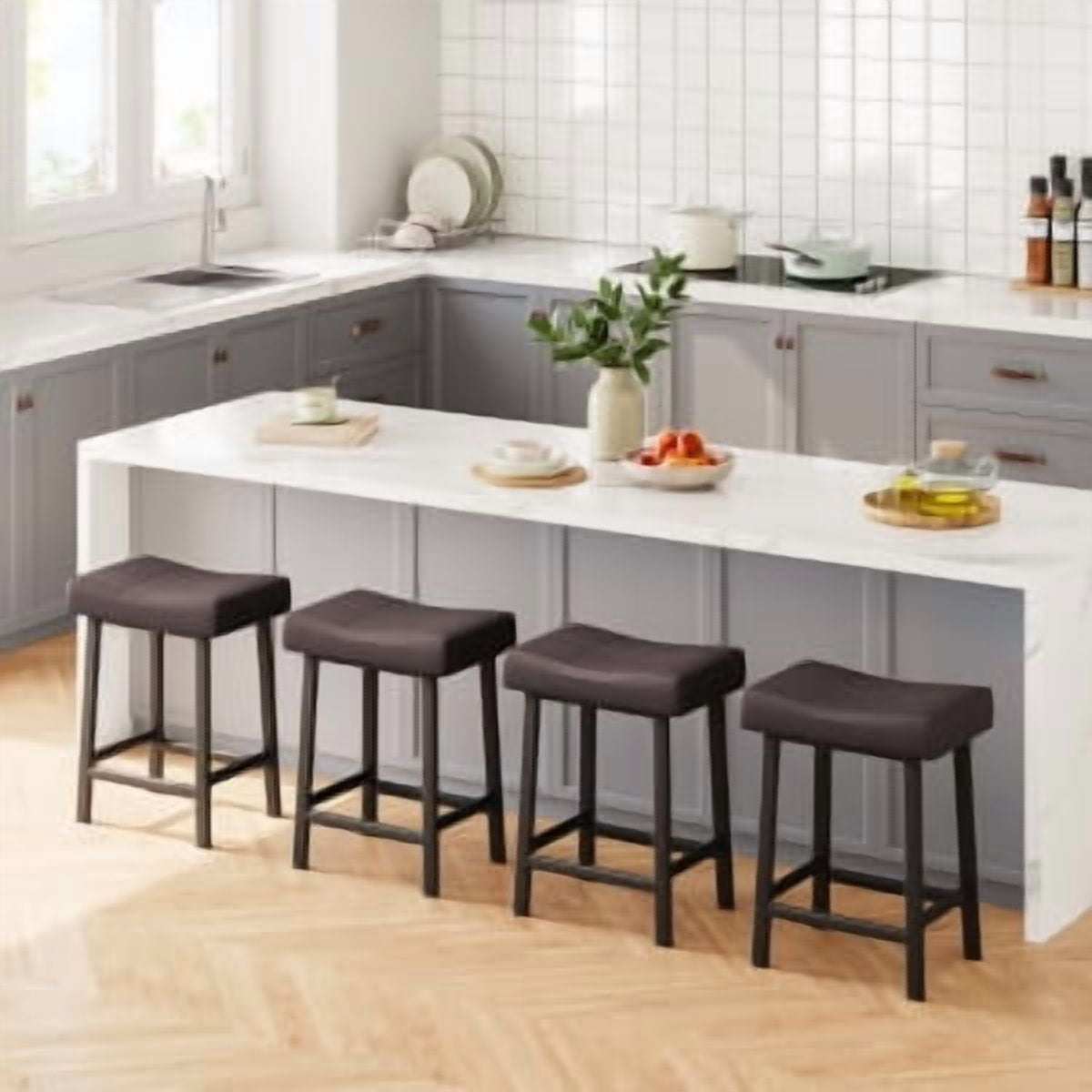 Acekid Bar Stool Set of 4&nbsp;– 24 Inch Counter Height, Upholstered Padded Seat with Curved Surface, Ergonomic Saddle Design for Kitchen/Home, Black + Brown Cushion